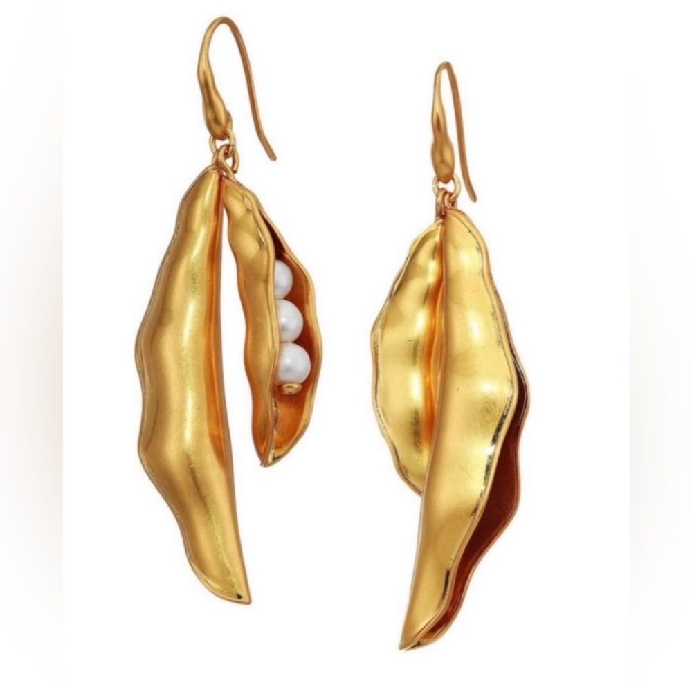 TB Tory Burch Pearl Peapod Golden drop bold statement earrings. - Picture 5 of 5